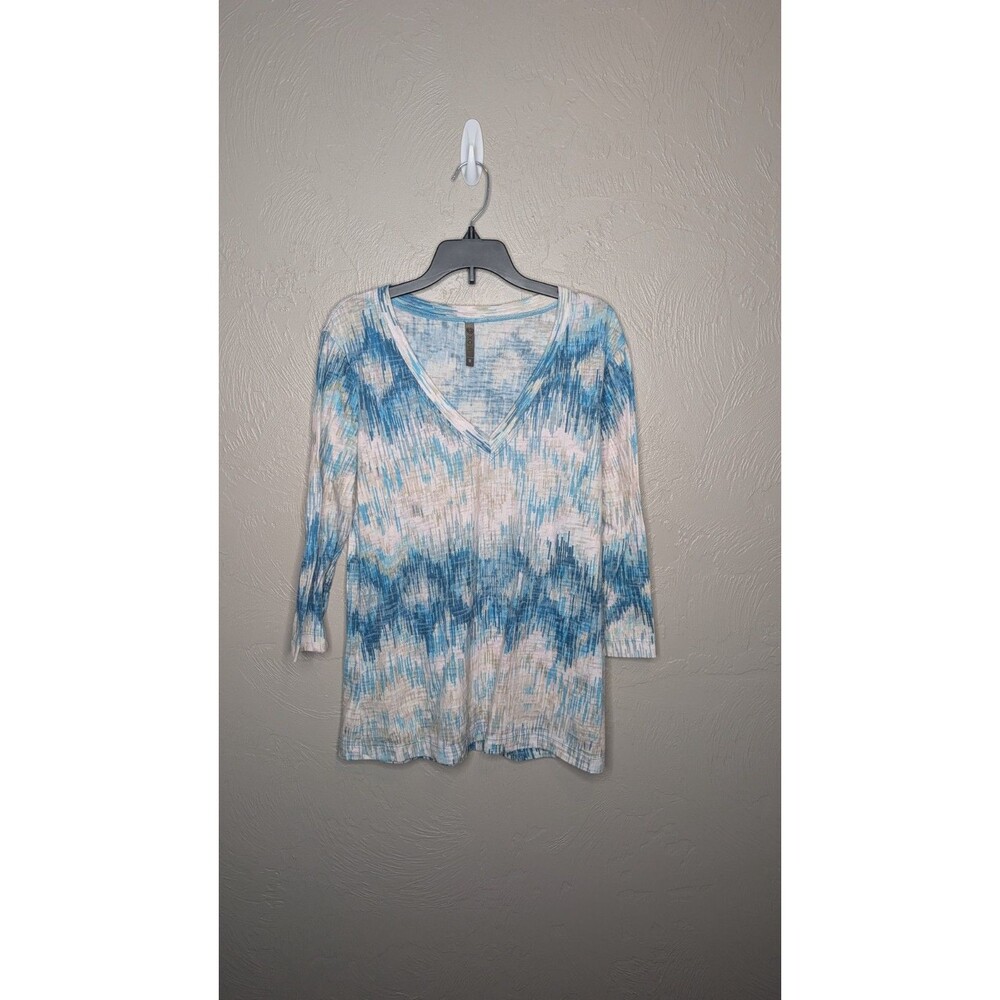XCVI Wearables Womens Medium White Blue 3/4 Sleeve Burnout Tee Shirt Top